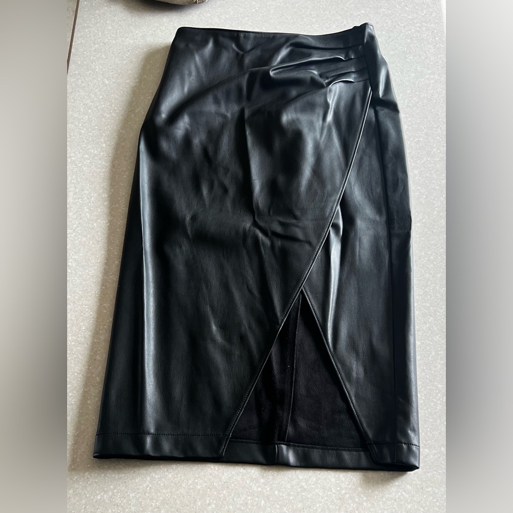 Abercrombie & Fitch Black Faux Leather Pencil Skirt with Overlap Slit